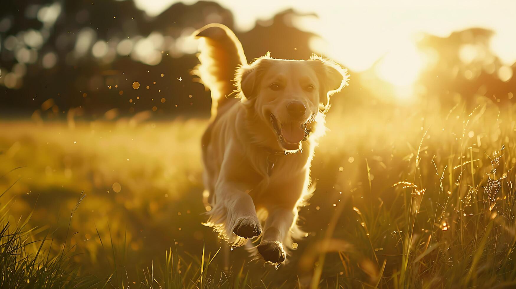 AI generated Joyful Golden Retriever Frolics in Lush Meadow Under Soft Natural Light photo