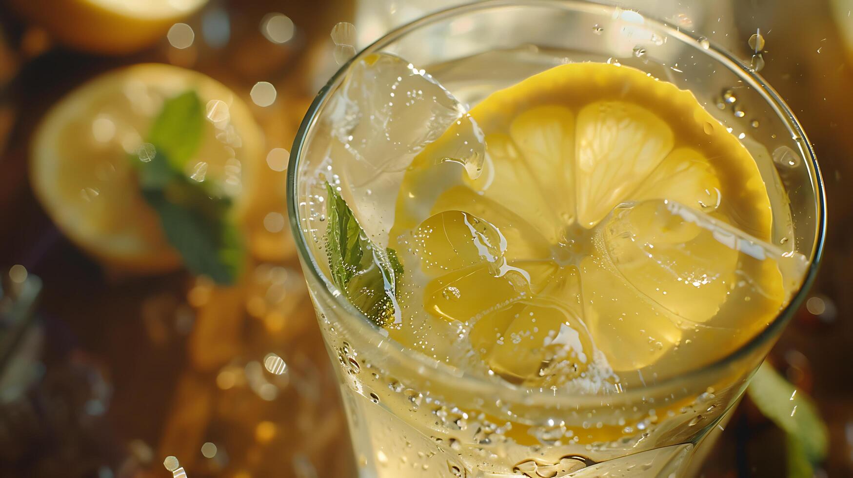 ai generado refrescante con hielo limonada macro lente capturas condensación y limón rebanada en suavemente borroso soñador antecedentes foto