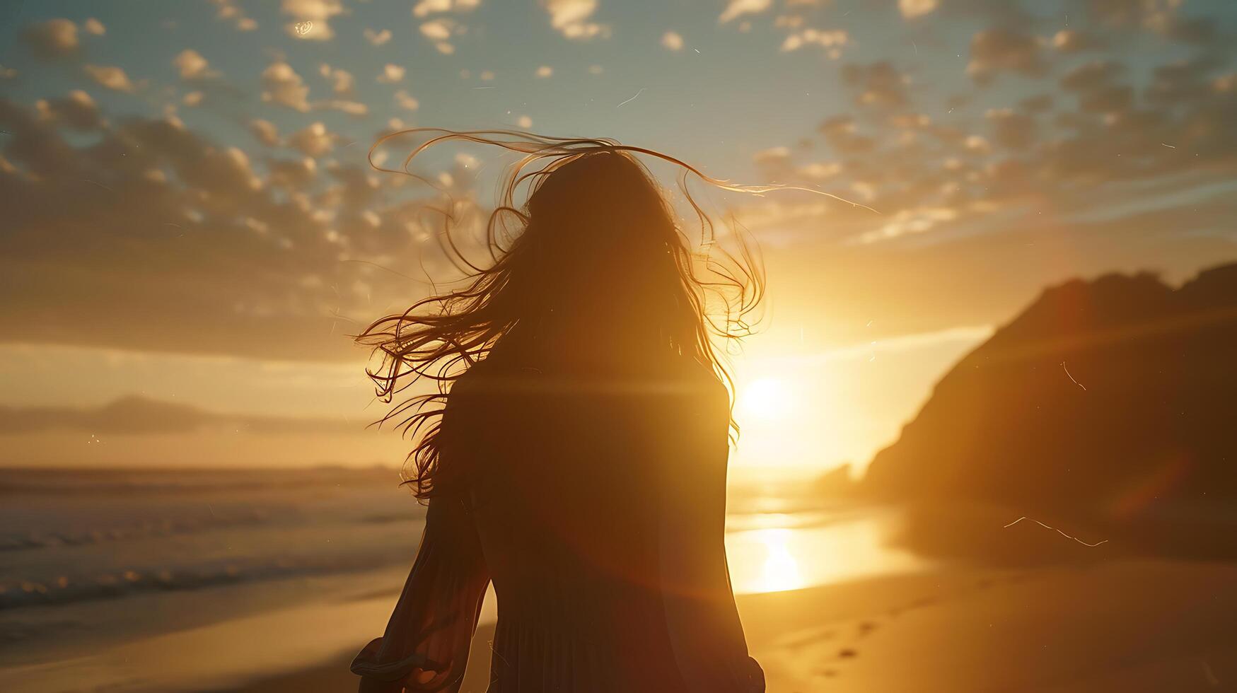 AI generated Solitary Woman Embraces Sunset Serenity Silhouetted Against Colorful Sky in Wide Angle Shot photo