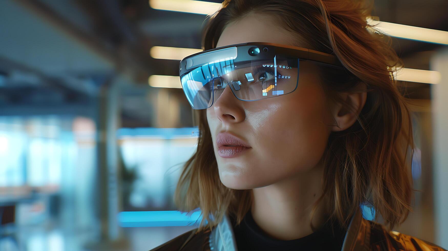 AI generated Young Woman Smiles with Wireless Earbuds Surrounded by Tech Gadgets at Colorful Desk photo