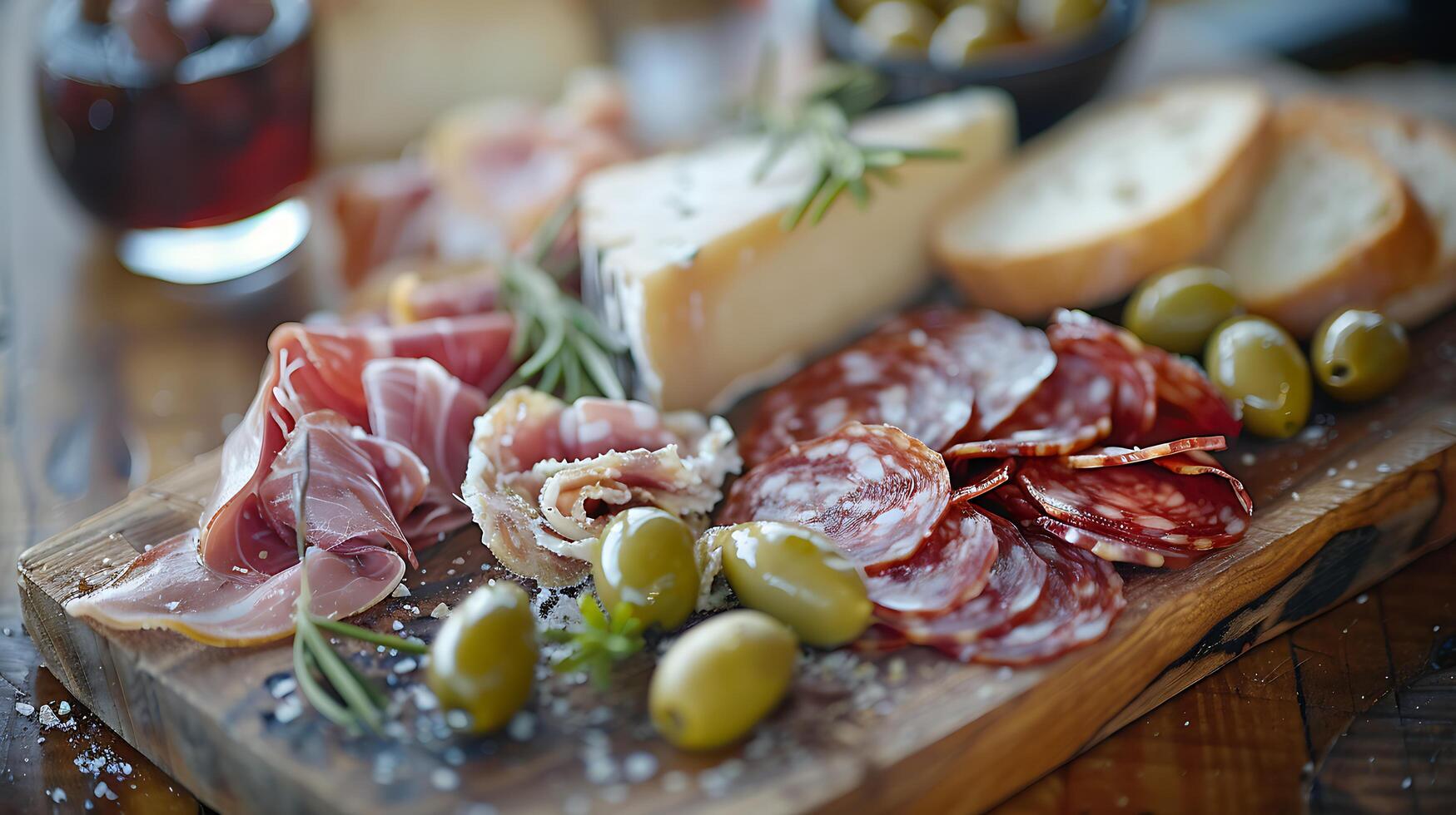 AI generated Artfully Arranged Charcuterie Board Showcases Assorted Cheeses Cured Meats and Fruits in Soft Natural Light photo