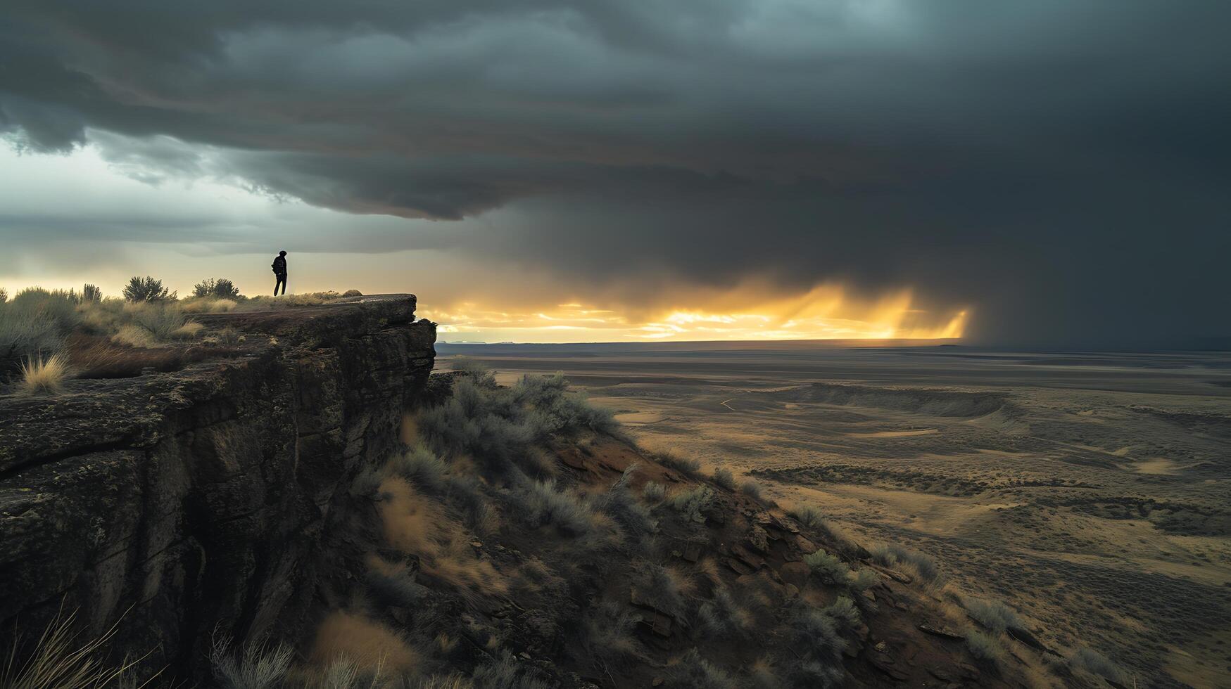 AI generated Solitary Figure Observes Dramatic Landscape as Changing Weather Unfolds Golden Light Offers Glimpse of Hope photo