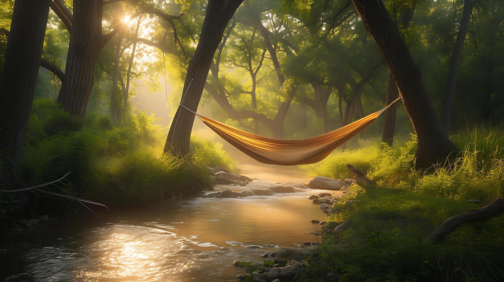 AI generated Tranquil Forest Clearing Golden Sunlight Serene Stream Hammock Retreat Towering Trees Misty Ambiance photo