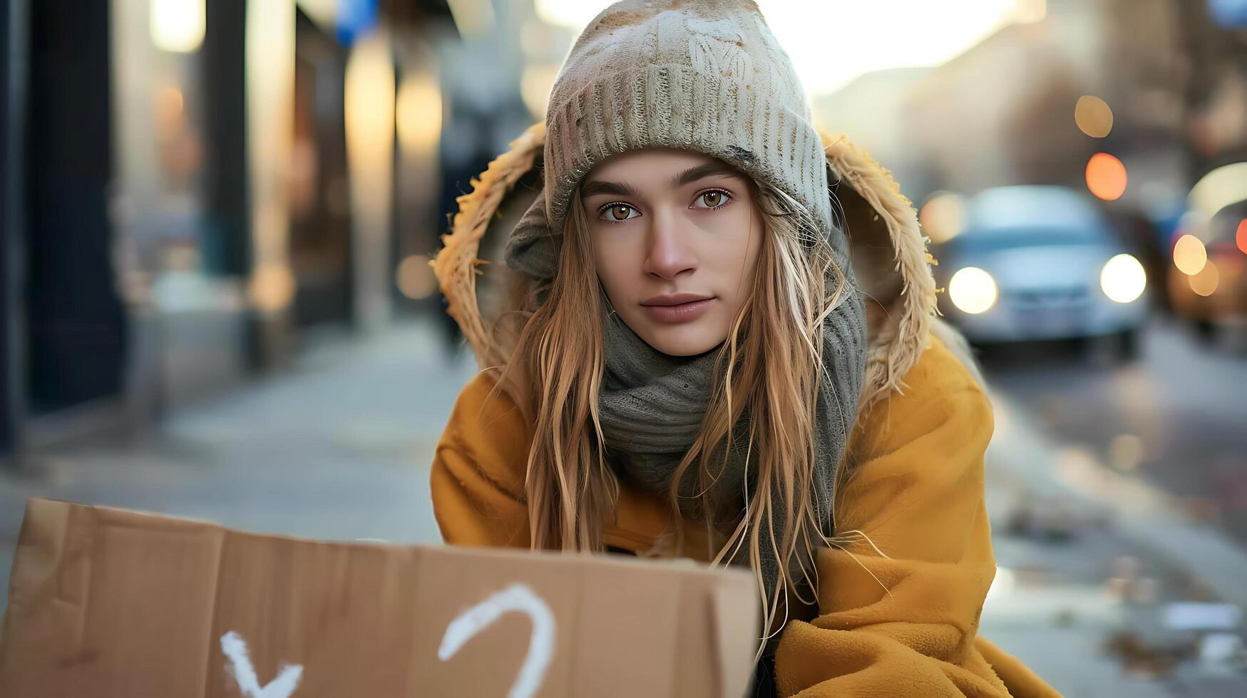 AI generated Young Homeless Woman Holds Sign Bathed in Soft Natural Light on Sidewalk photo