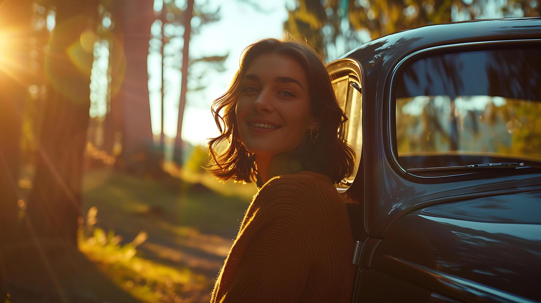 ai generado mujer se inclina en contra Clásico coche sonriente en suave luz de sol en medio de arboles foto