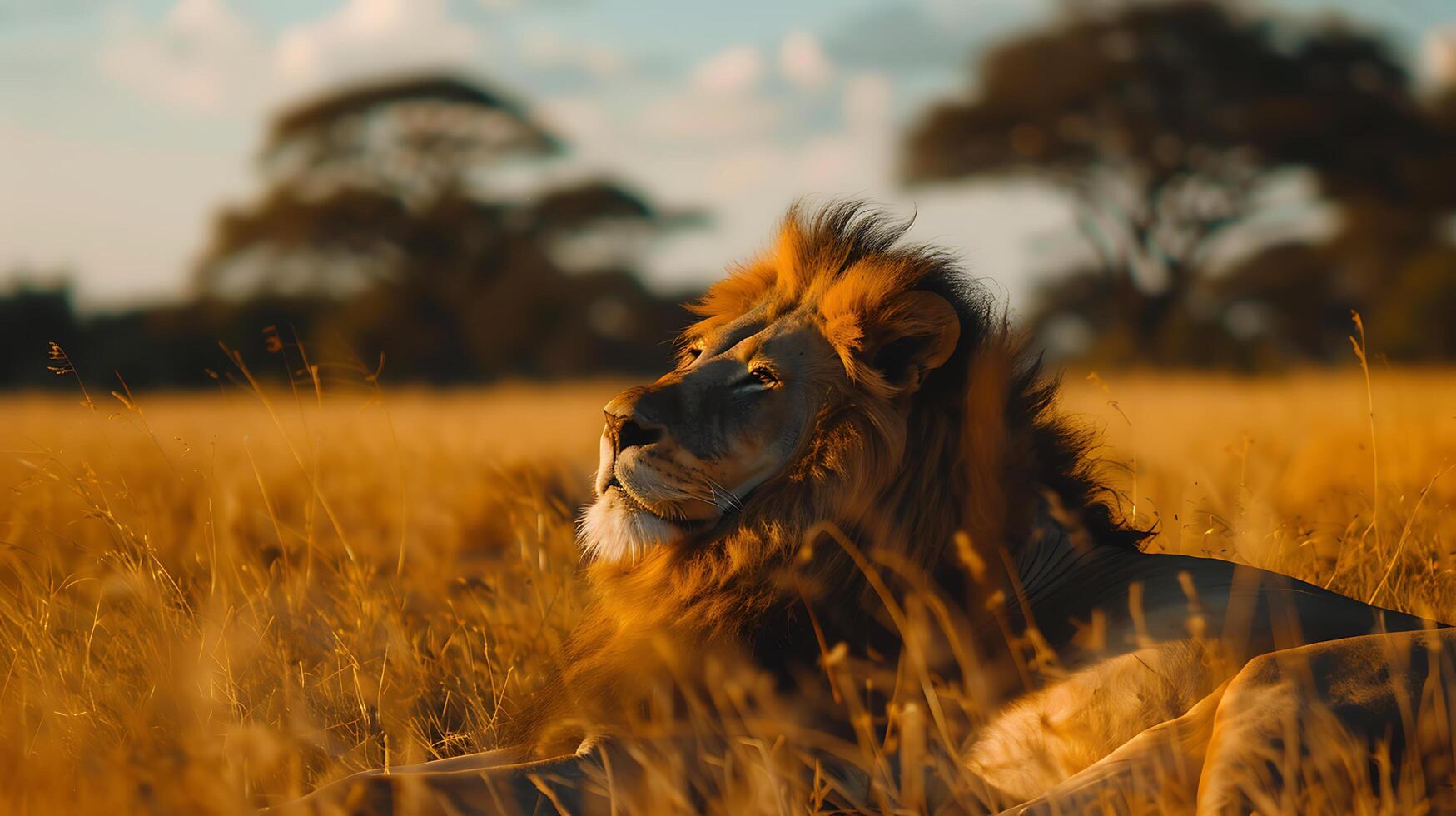 AI generated Majestic Lion Rests in Golden Savannah Grass Framed by Blurred Acacia Trees photo