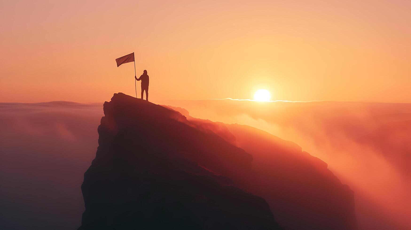 AI generated Triumphant Figure Silhouetted Strength Atop Rugged Peak Overcoming Challenges in Windswept Landscapes photo