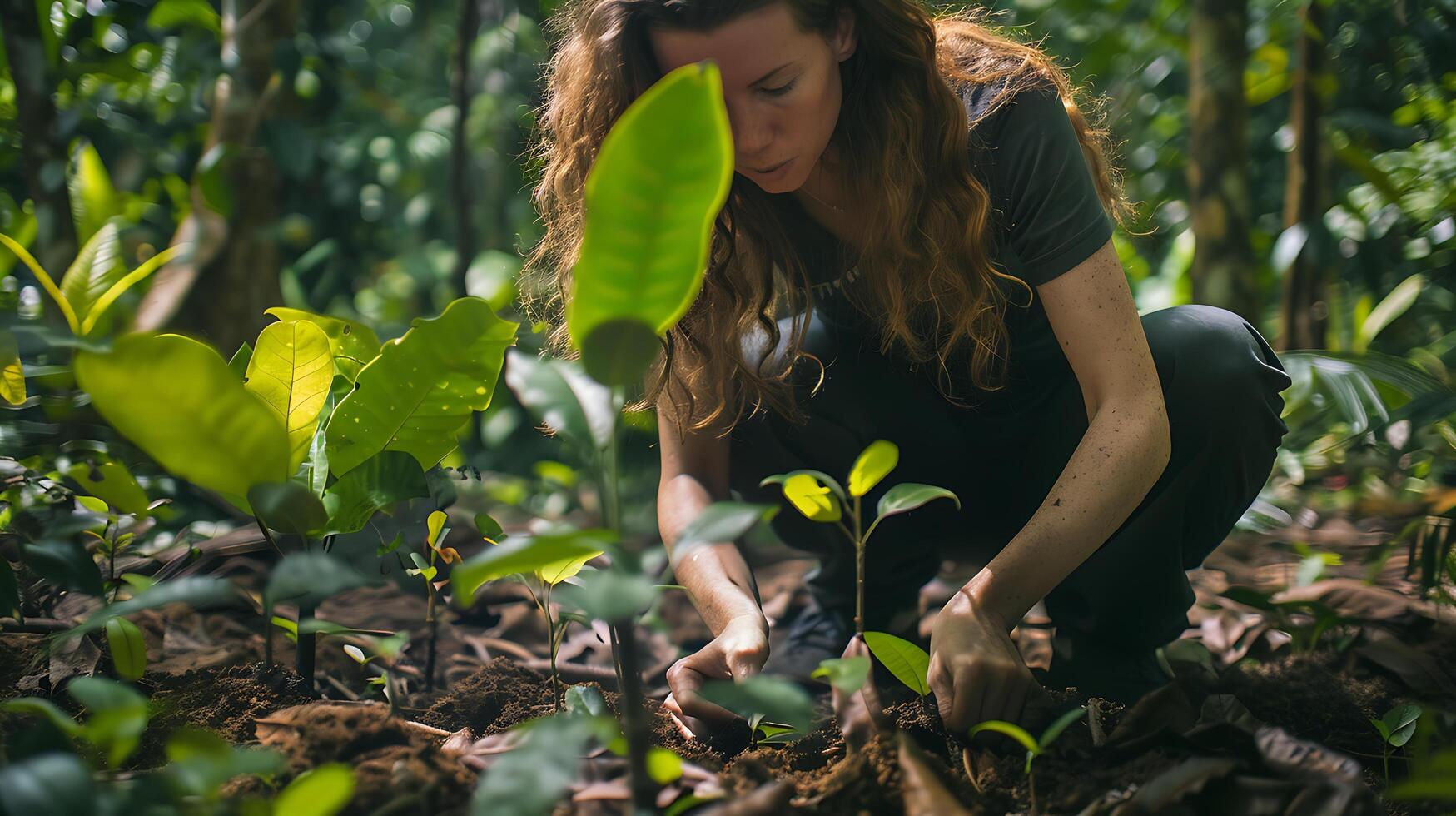 AI generated Woman Cultivates Young Trees in Sunlit Forest Canopy photo
