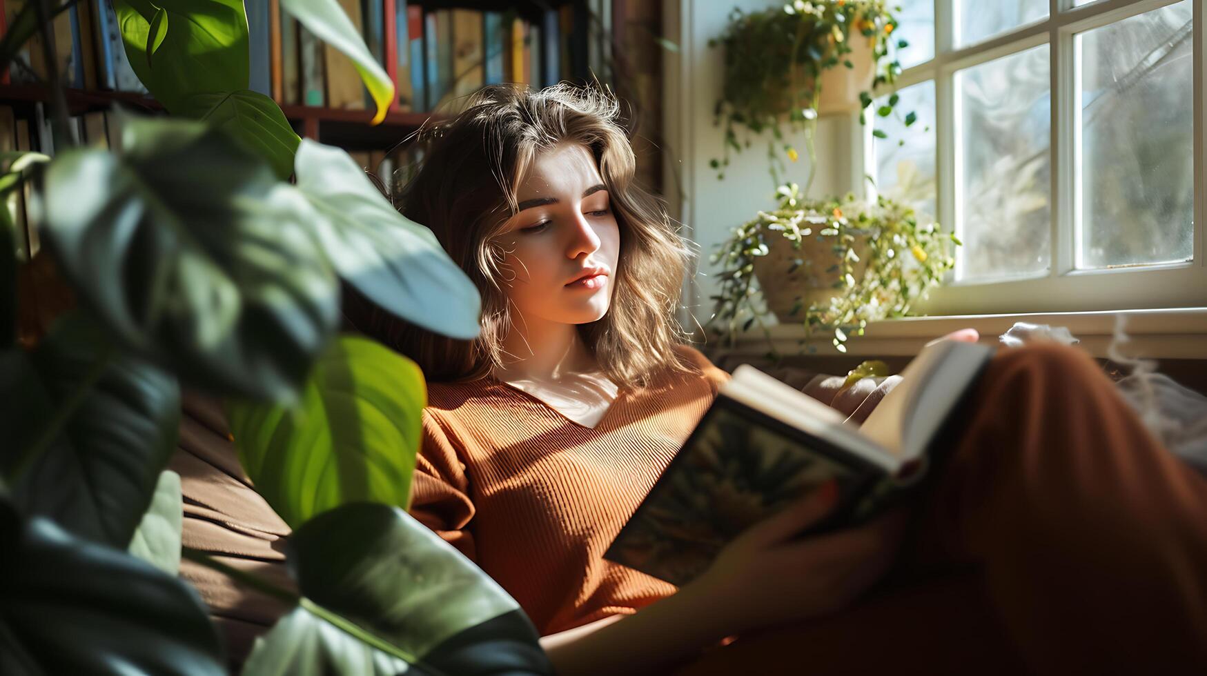 AI generated Cozy Reading Moment Young Woman in Soft Natural Light by Window Seat with Book photo