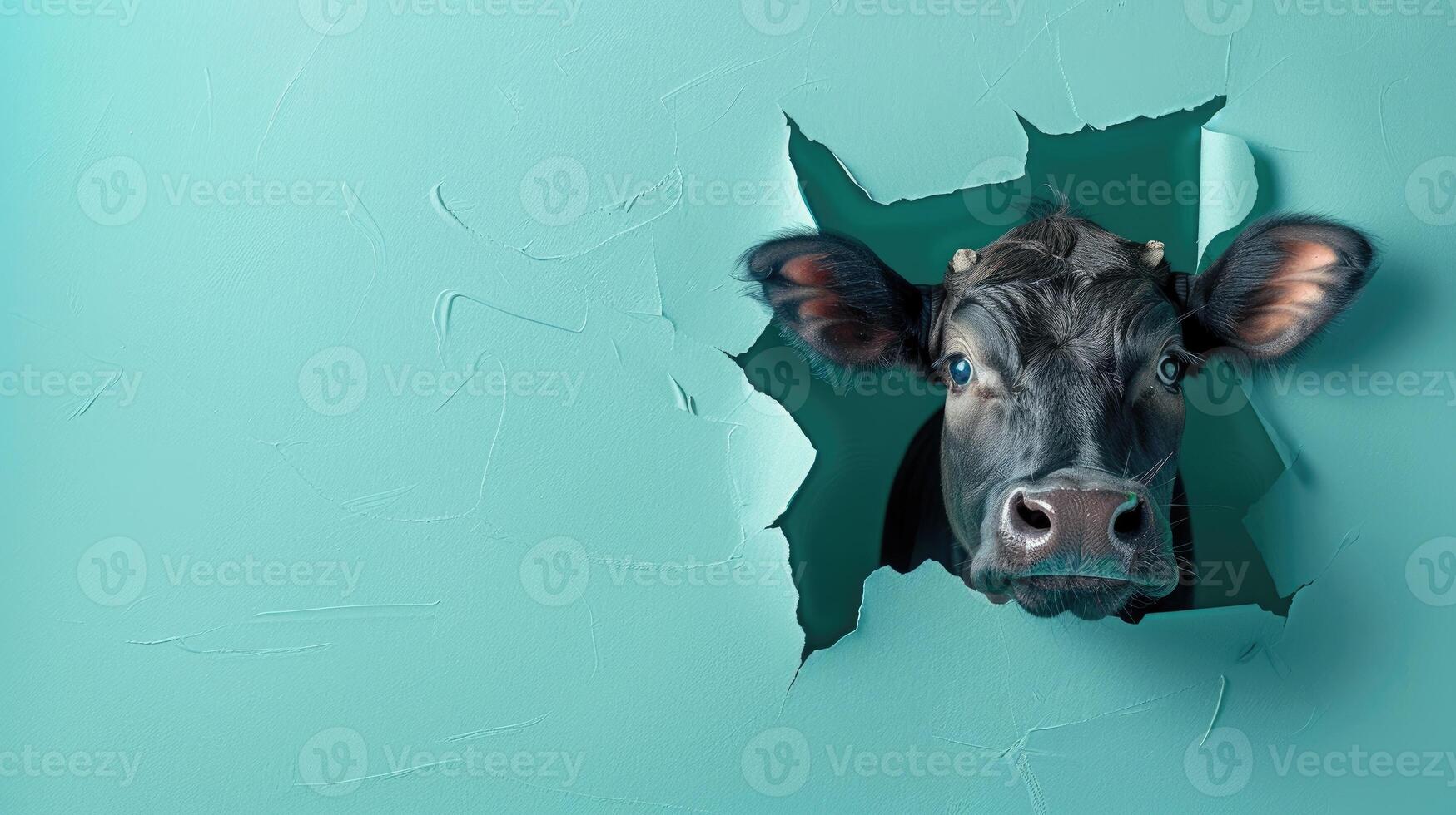 AI generated A humorous ox peers through a ripped hole in a contrast pastel color paper background, Ai Generated photo