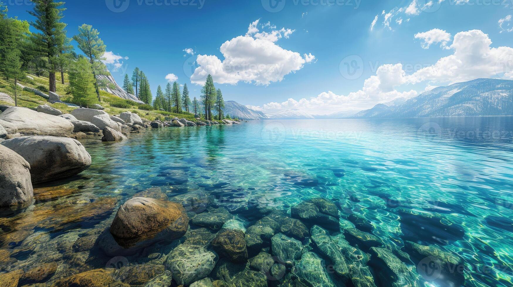 AI generated Panoramic view of the serene Mountain Lake Tahoe, where the azure waters meet the majestic mountain range, Ai Generated photo