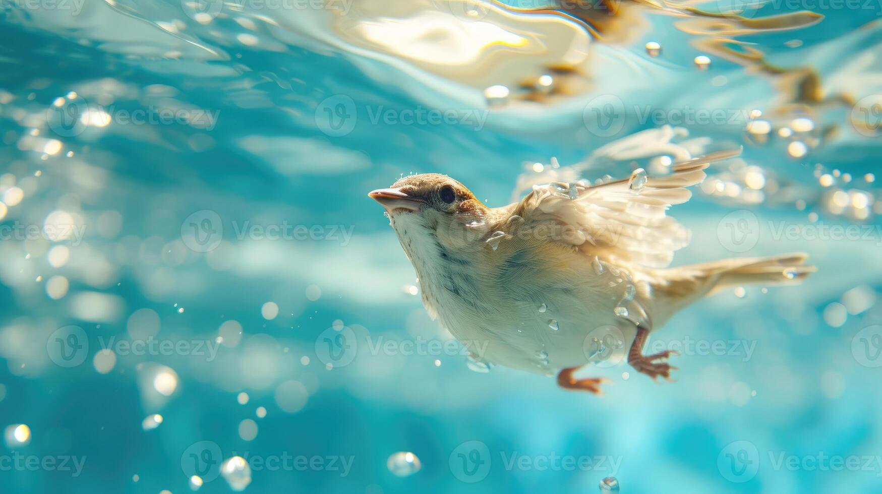 ai generado divertidísimo submarino escena pájaro en piscina obras de teatro profundo bucear acción, ai generado. foto