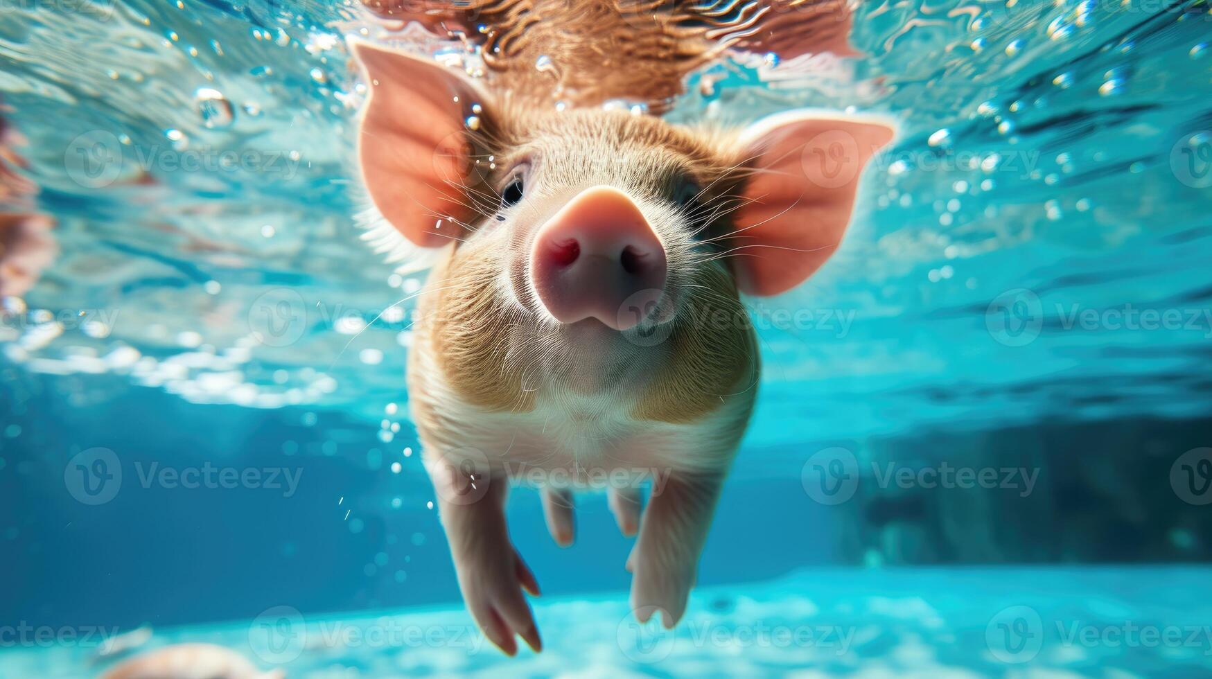 AI generated Hilarious underwater scene pig in pool plays deep dive action, Ai Generated. photo