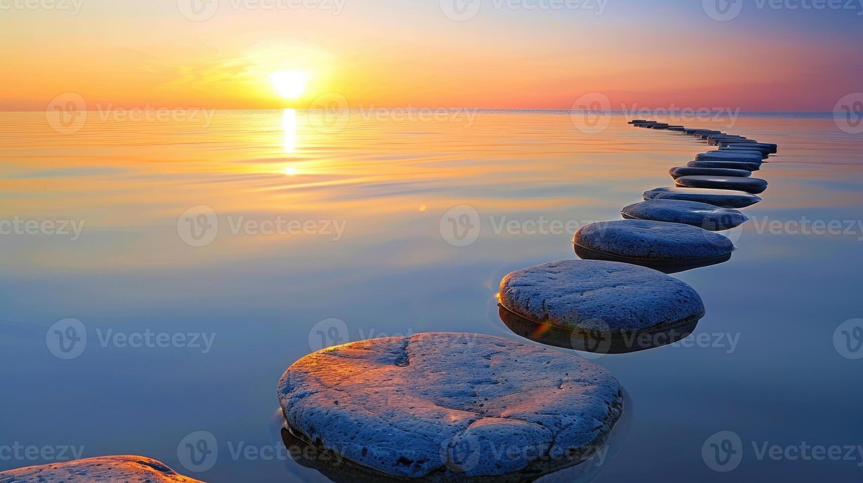 AI generated Follow the Zen path of stones on a widescreen sunset, a tranquil journey into the calming embrace of nature. Ai Generated. photo