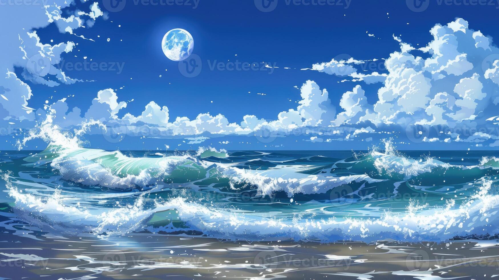 AI generated Anime waves crash on the ocean under a moonlit sky, creating a mesmerizing scene. Ai Generated. photo