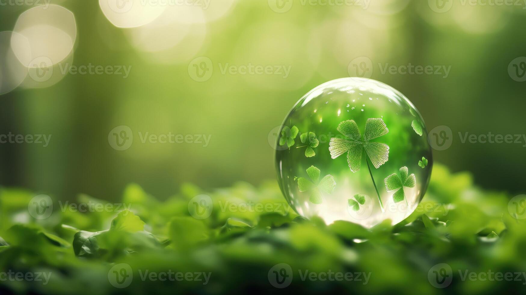 AI generated A glass ball holds a clover leaf, set against a green bokeh background, creating a magical and whimsical scene. Ai Generated. photo