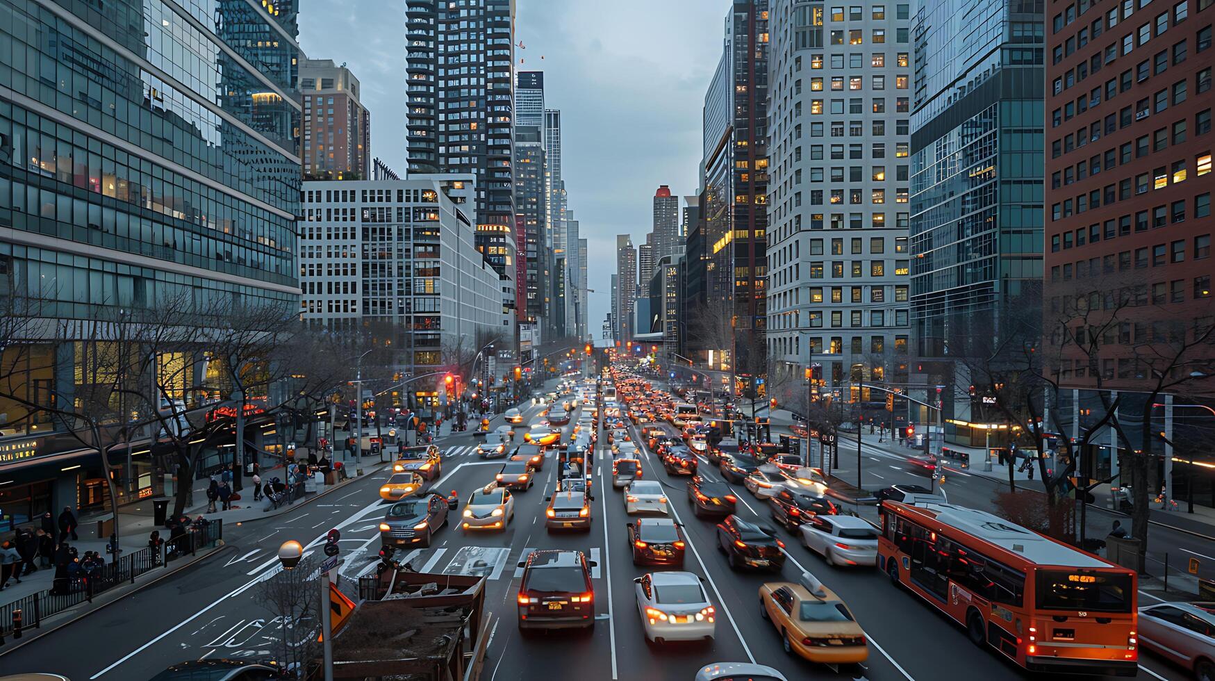 AI generated Urban Rush Wideangle View of Busy Street Life During Rush Hour photo