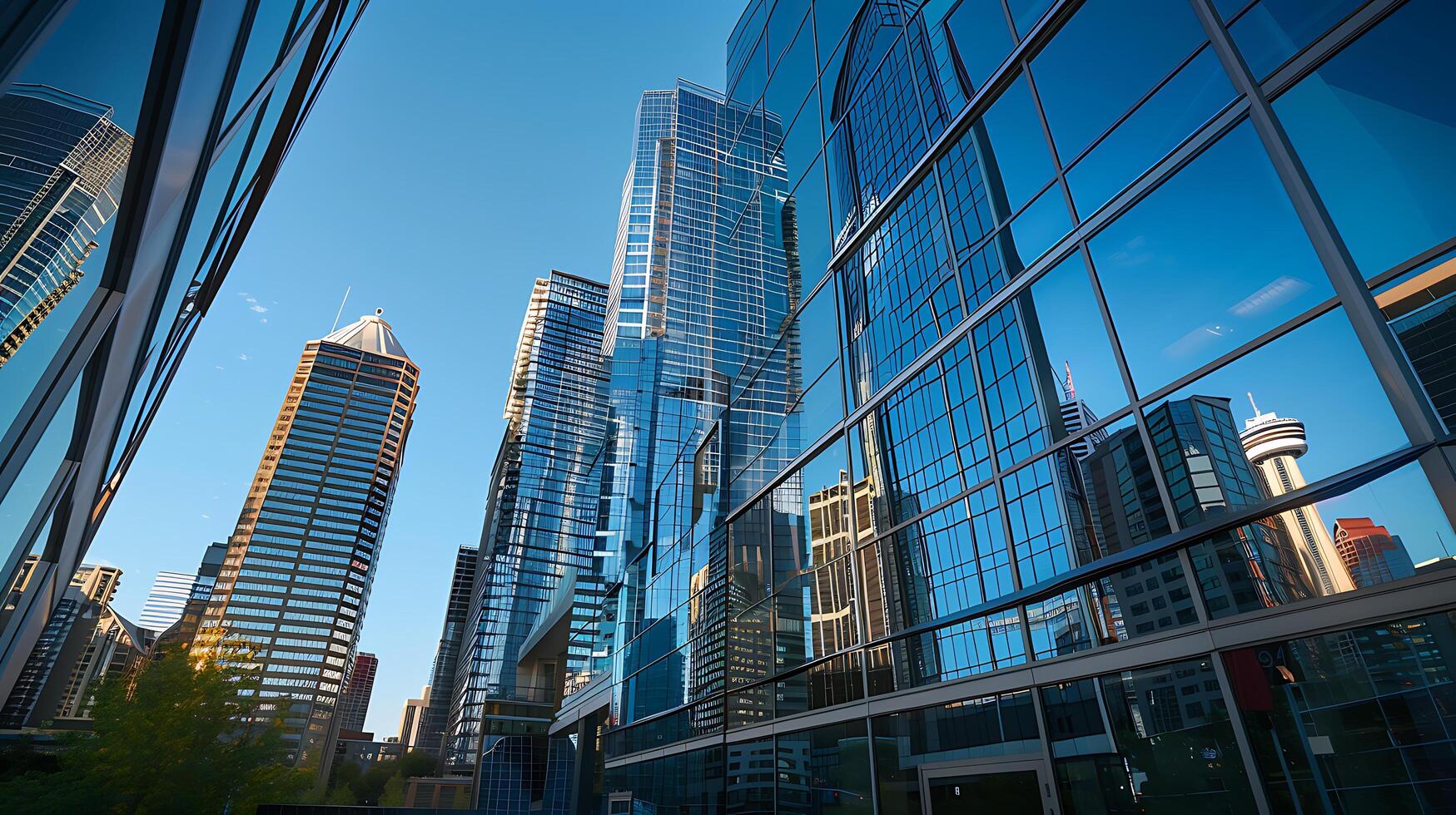 AI generated Urban Glass Skyscraper Captured in Soft Light Reflecting Cityscape with Telephoto Lens photo