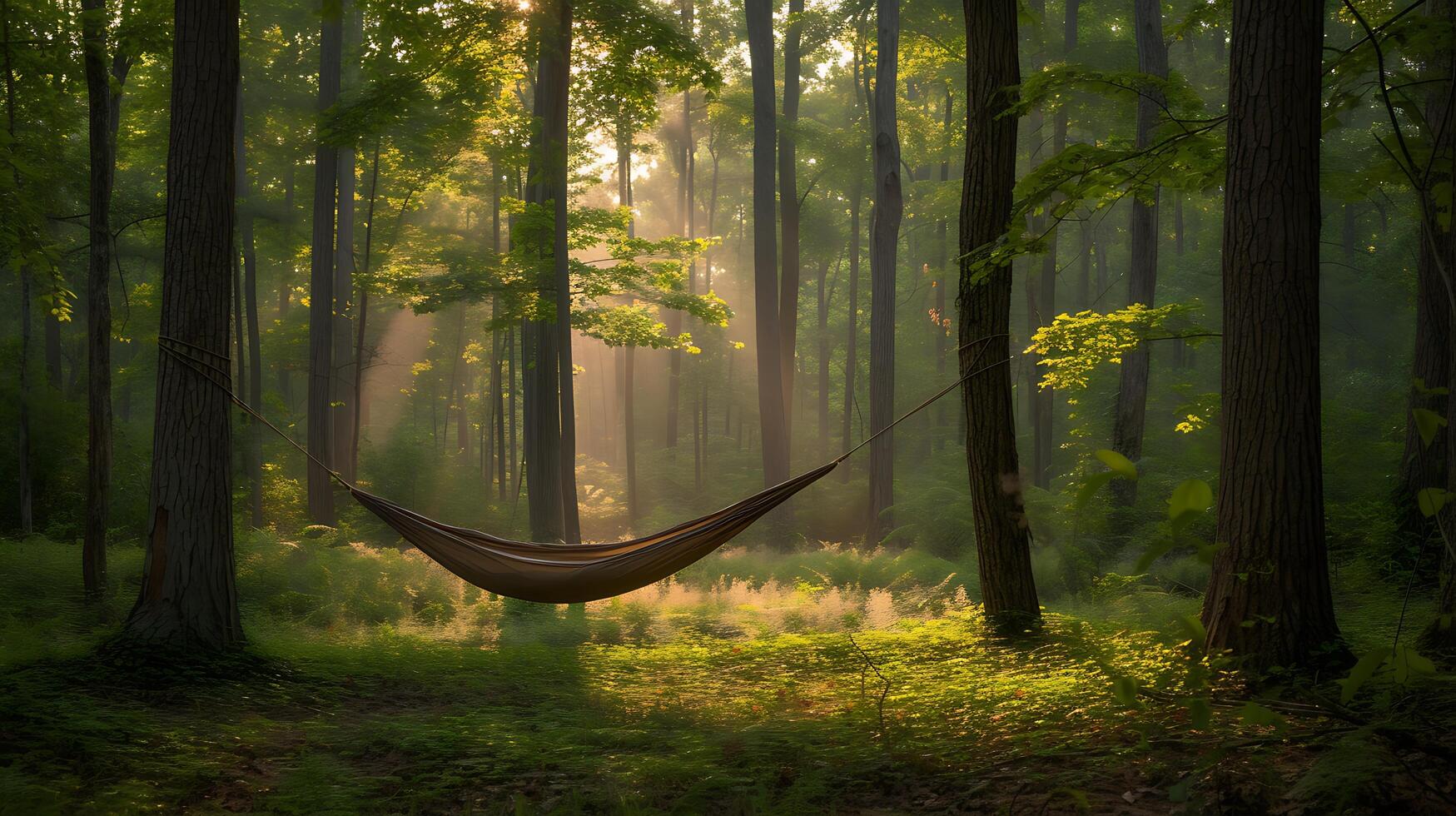 AI generated Tranquil Forest Clearing Hammock Stream Yoga Mat  Embracing Natures Nurturing Embrace photo