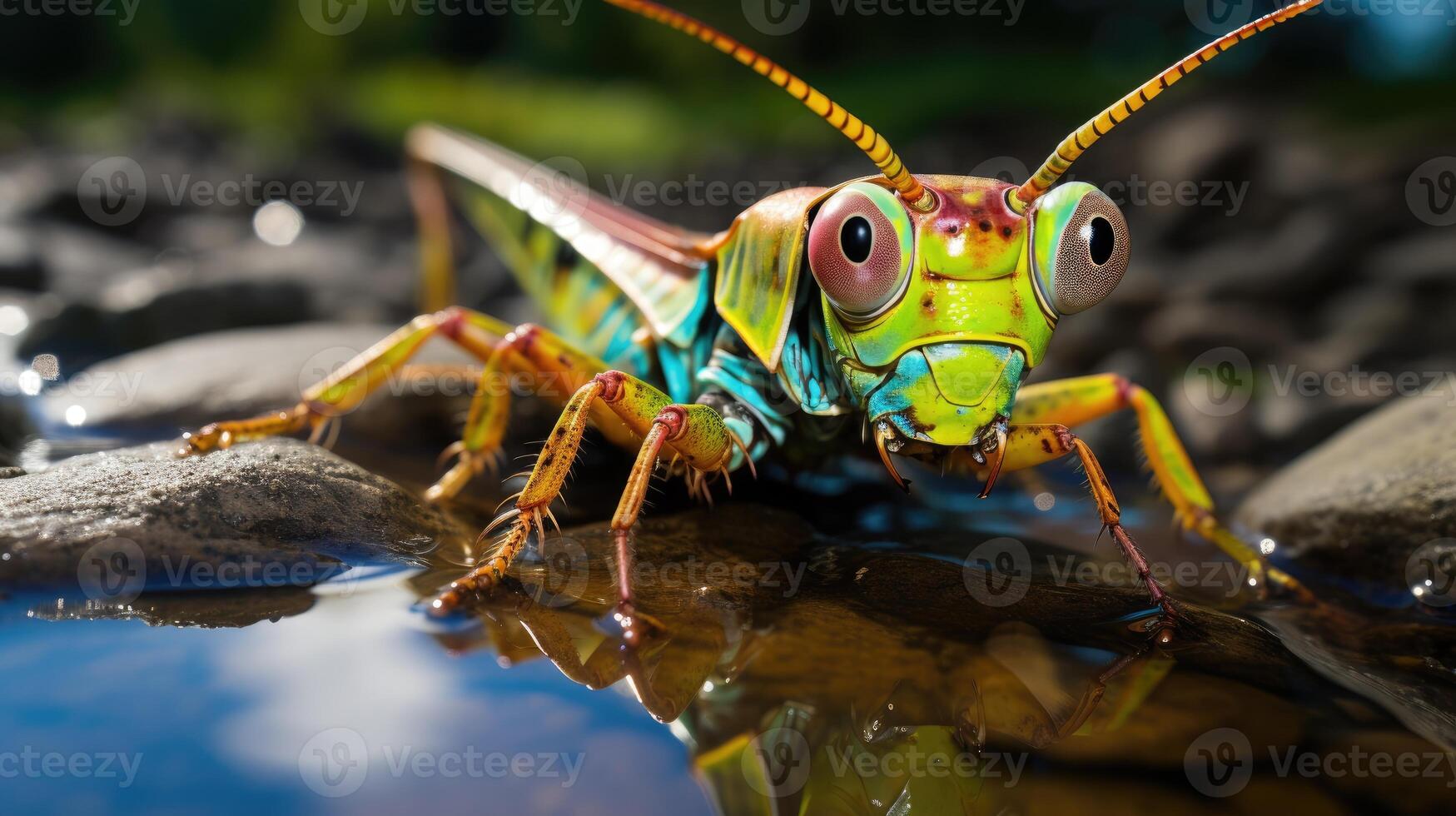 ai generado saltamontes con ojos dos veces como grande, adornado en arco iris colores en ambos lados, ai generado. foto