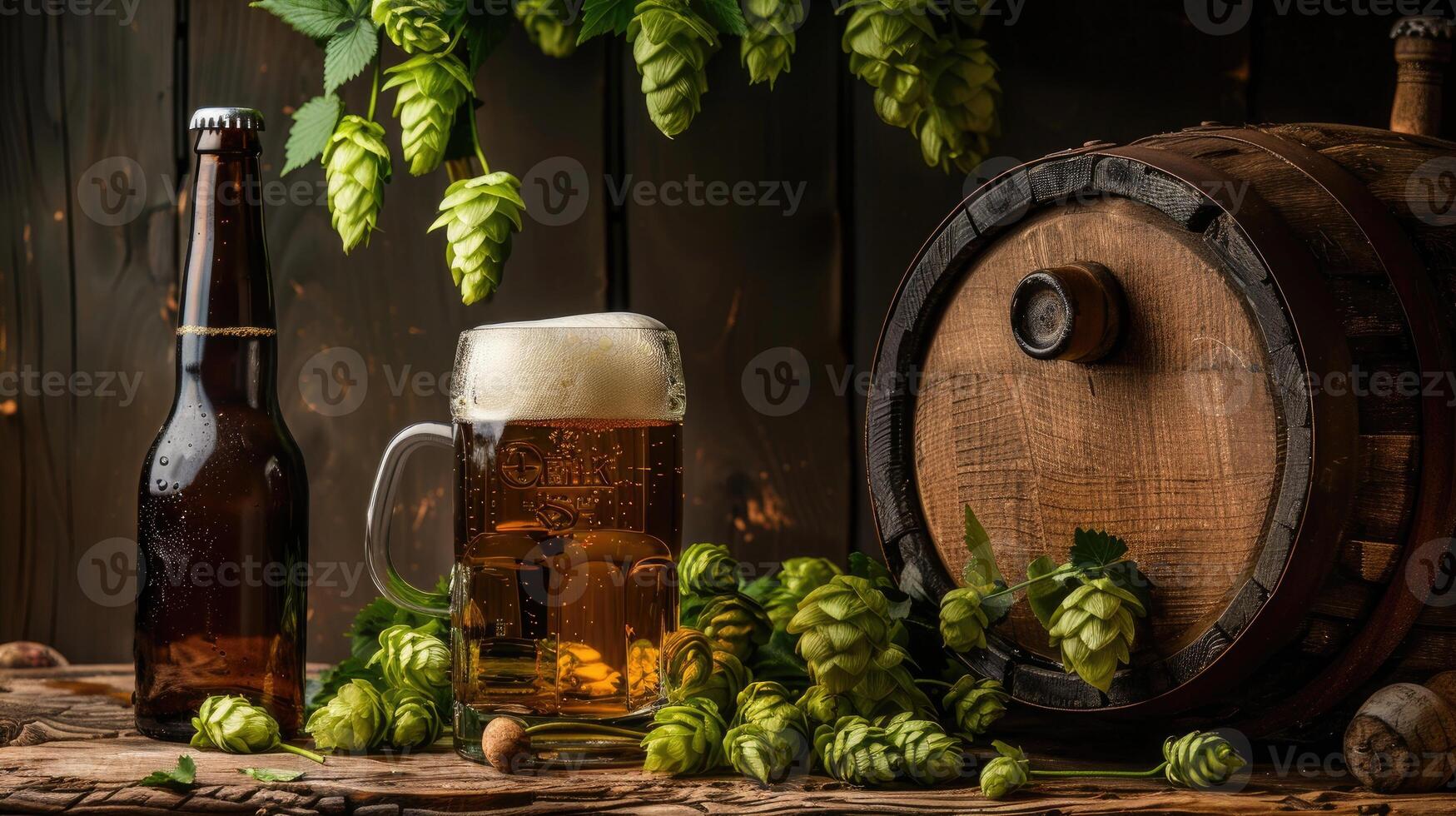 AI generated Glass of beer accompanied by a barrel, bottle, and fresh hops, creating a captivating still-life scene. Ai Generated. photo