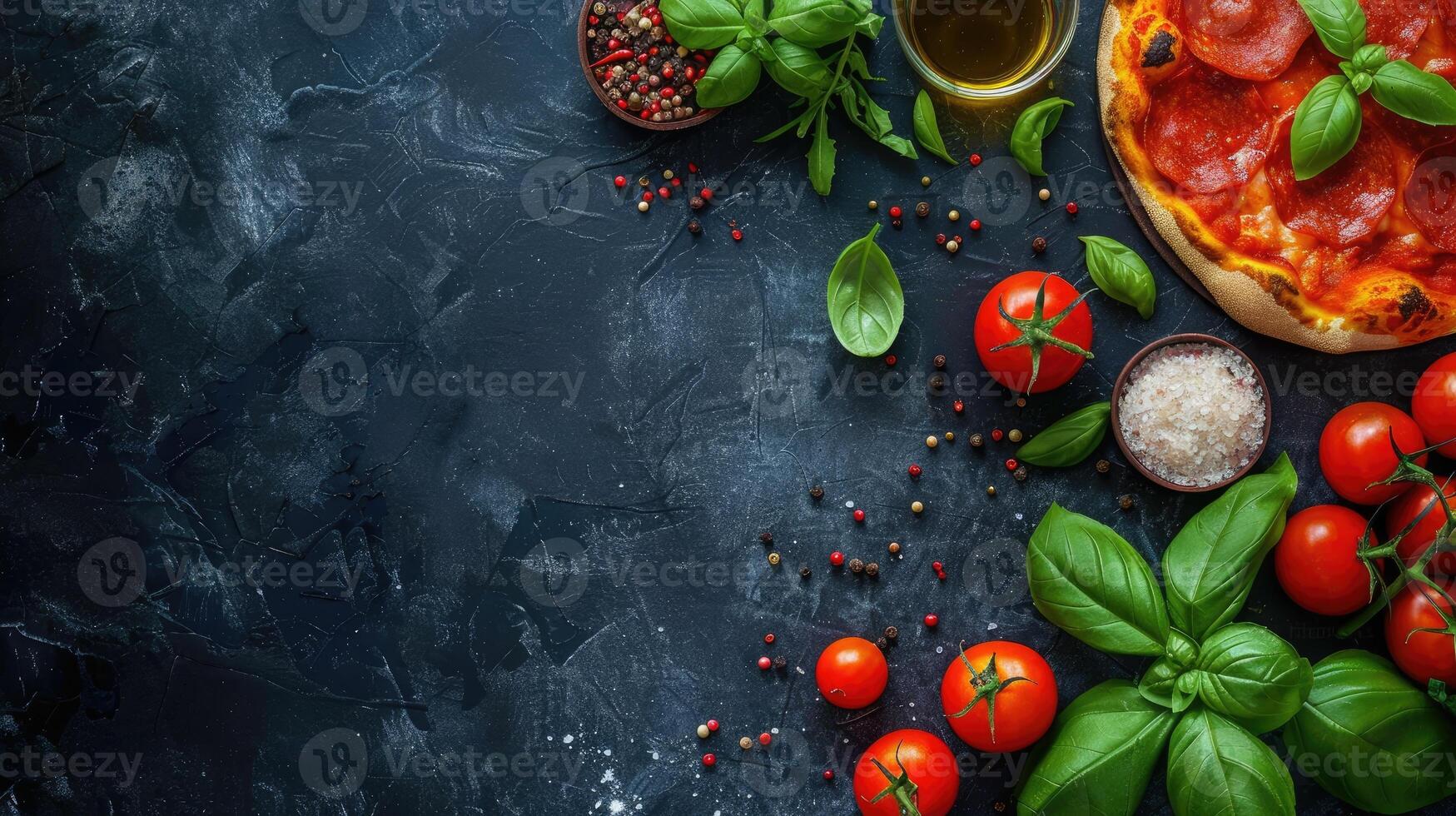 AI generated Tasty pepperoni pizza with cooking ingredients like tomatoes and basil on black concrete background, Ai Generated photo