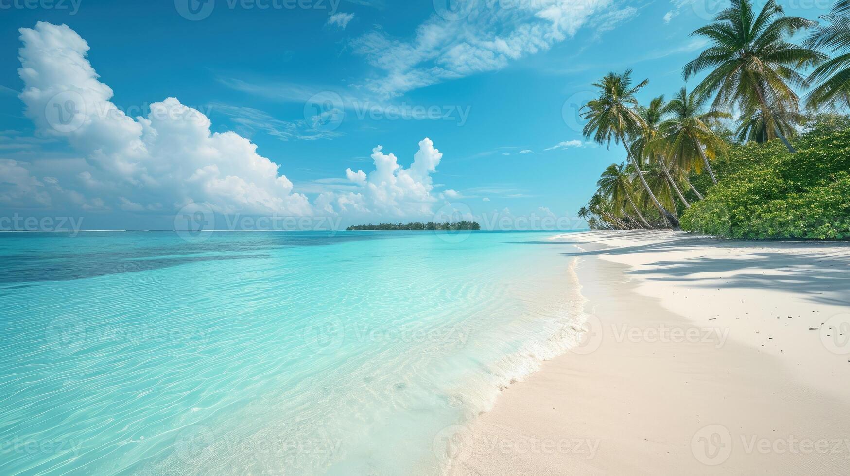 AI generated turquoise sea meets tranquil empty beach framed by palms. Ai Generated photo