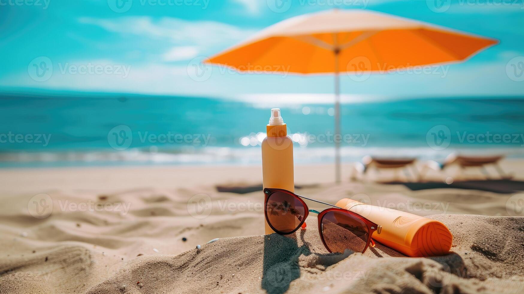 AI generated Sand, sea, and summer essentials, sunglasses, sunscreen, Ai Generated photo