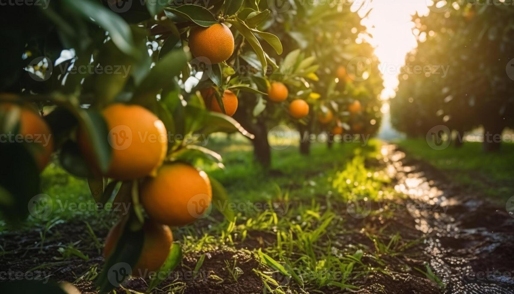 ai generado Fresco naranja Fruta en un soleado árbol rama generado por ai foto