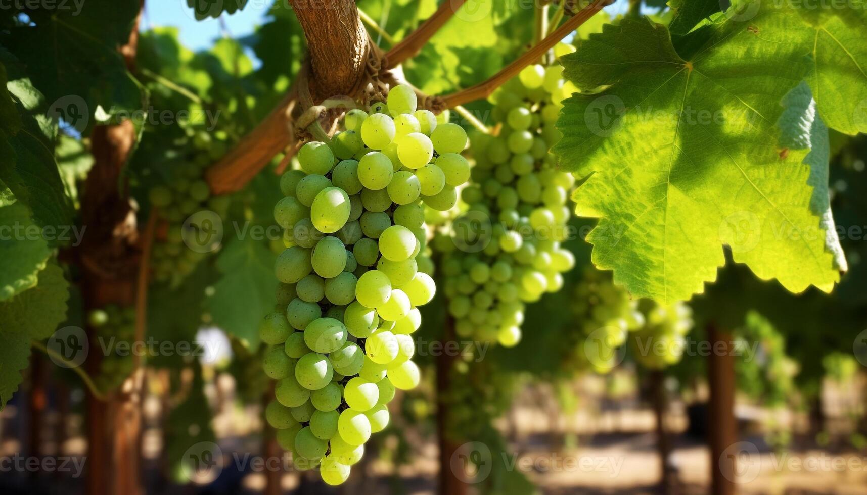 AI generated Ripe grape bunches hang on vineyard branches generated by AI photo