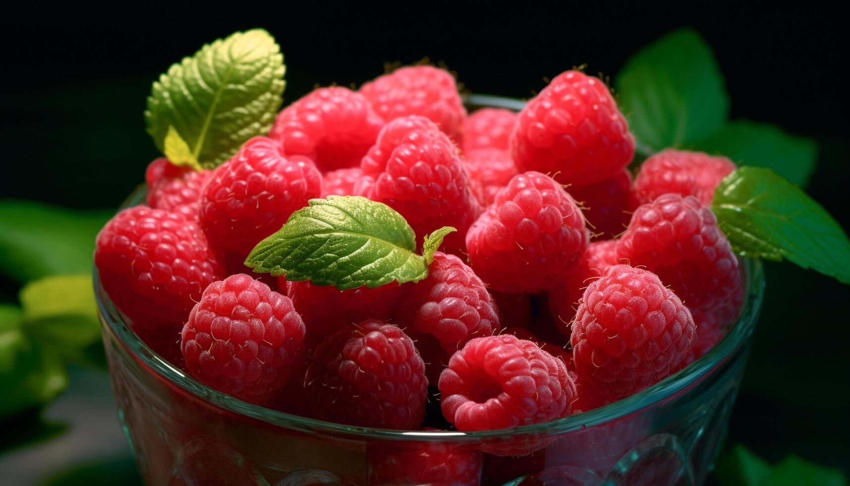 AI generated Fresh raspberry fruit, leaf, nature, dessert, healthy eating generated by AI photo