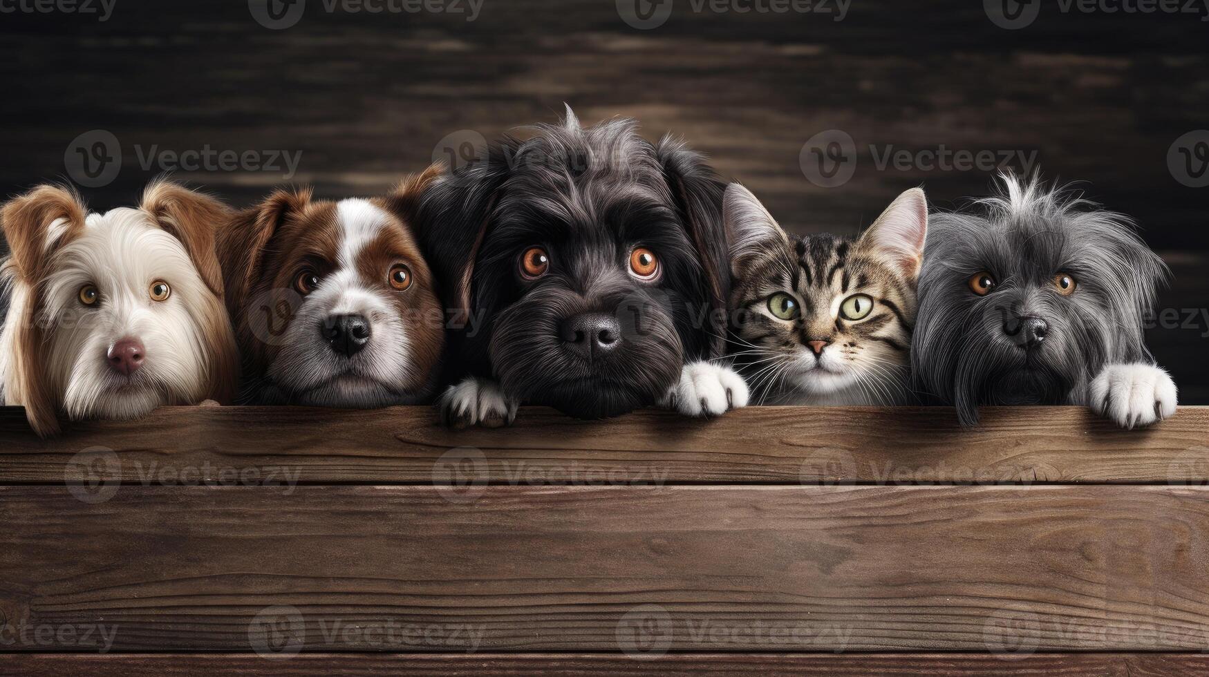 AI generated Adorable dogs and cats peek over a web banner, inviting viewers into a world of furry companionship. Ai Generated. photo