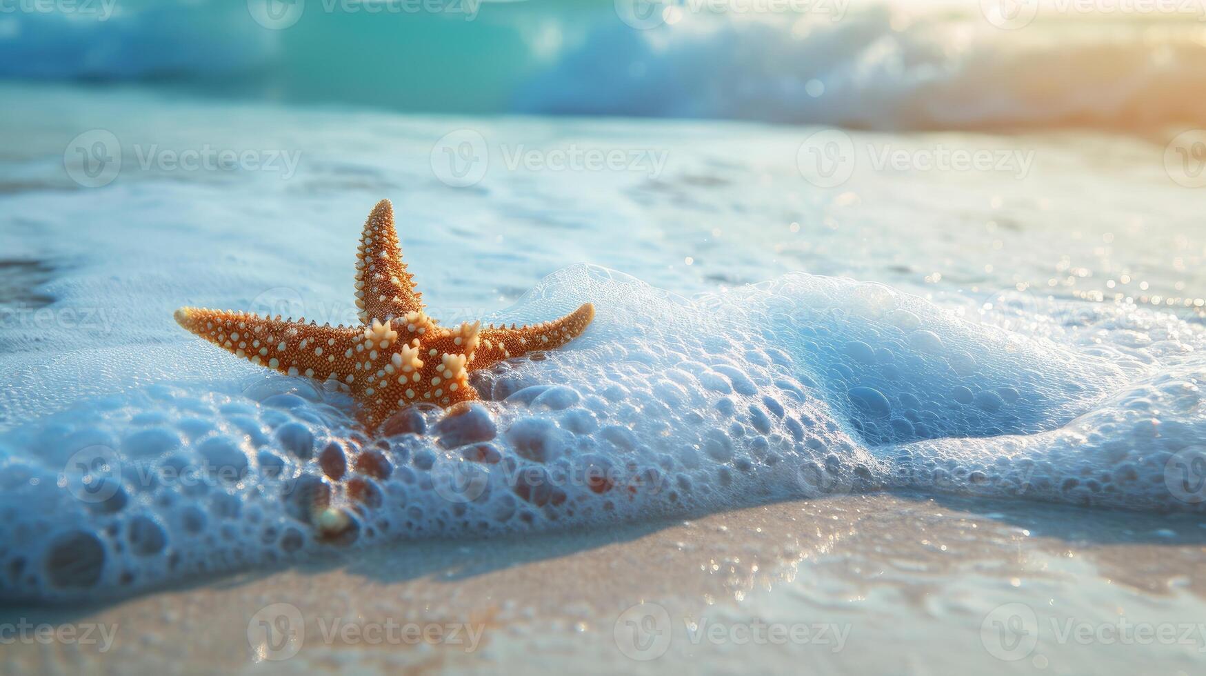 AI generated tropical sandy beach, ocean waves, and a lone starfish. Ai Generated photo
