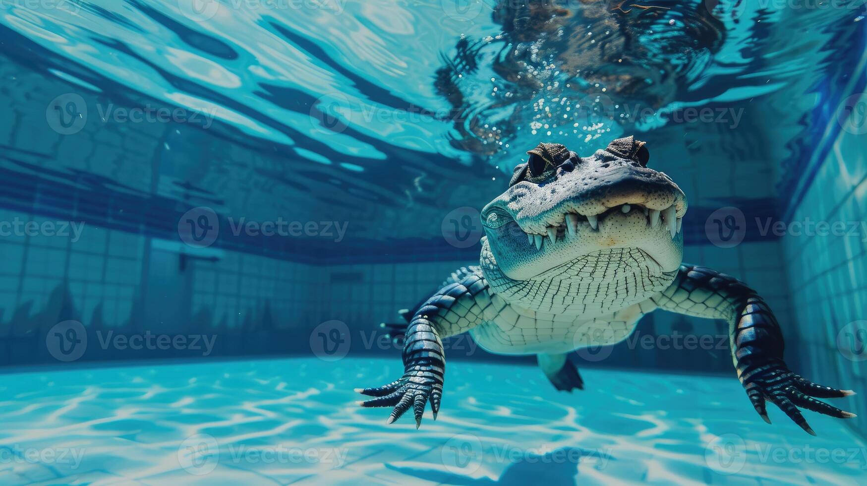 AI generated Hilarious underwater scene alligator in pool plays deep dive action. Ai Generated. photo
