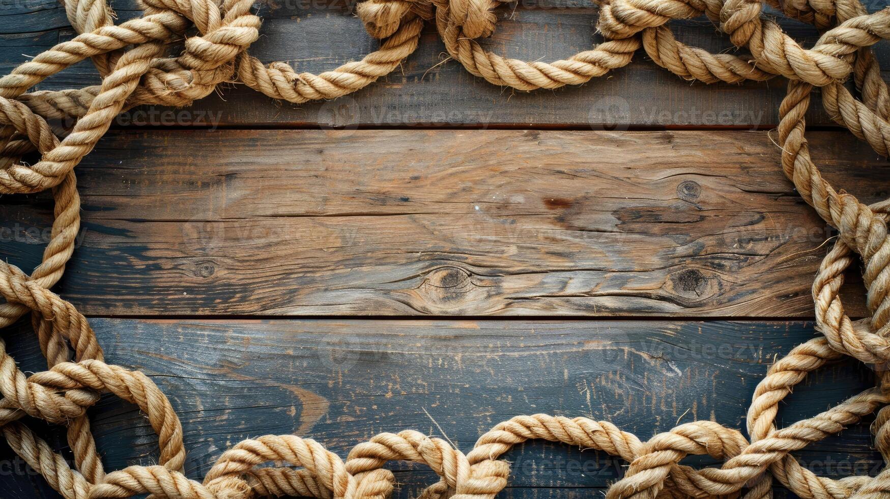 AI generated Nautical background featuring a rope shaped as a circle on a wood backdrop. Ai Generated. photo