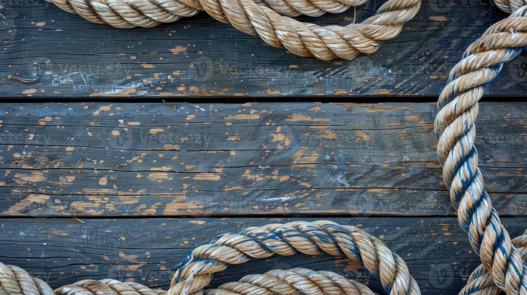 AI generated Nautical background featuring a rope shaped as a circle on a wood backdrop. Ai Generated. photo