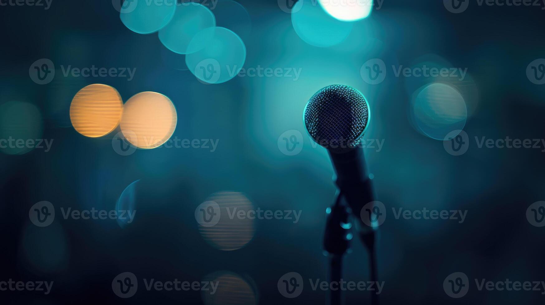 AI generated Microphone stands ready amidst blurred seminar room, symbolizing speaker's voice, Ai Generated photo