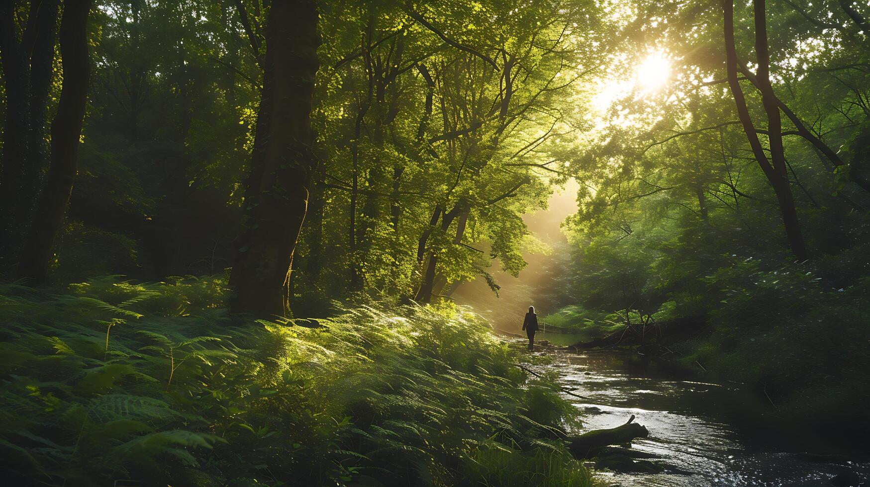 ai generado tranquilo bosque solitario figura abraza naturalezas cambio en medio de luz de sol arboles y distante corriente foto