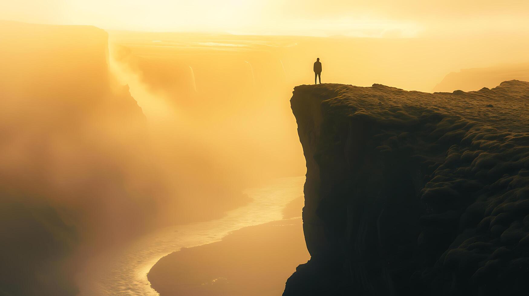 AI generated Embracing Change Dawn Silhouette Overlooking Misty Valley Radiates Resilience and Hope photo