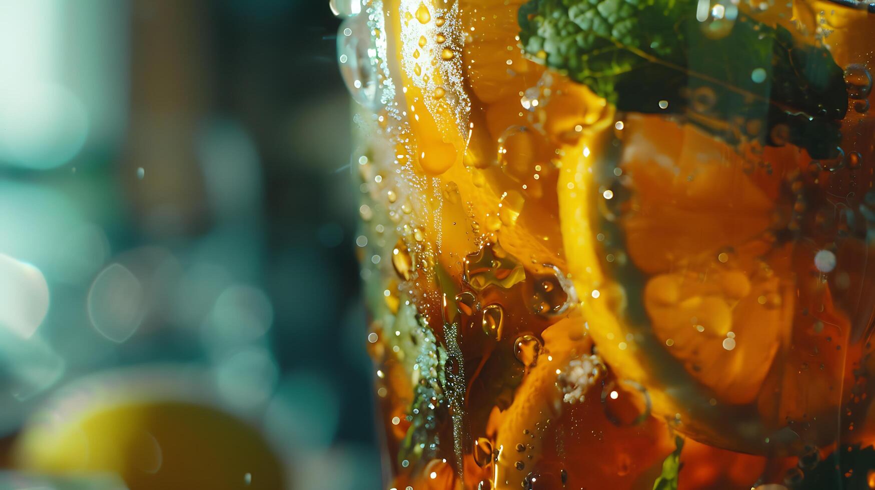 AI generated Refreshing Iced Tea Lemon Mint and Condensation Captured in Vivid Detail photo