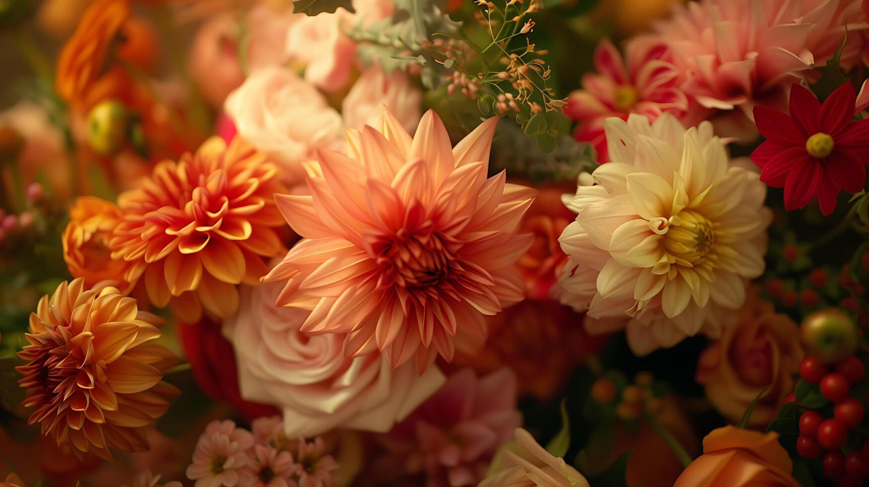 ai generado vibrante ramo de flores en rústico florero un de cerca floral todavía vida en suave difundido ligero foto