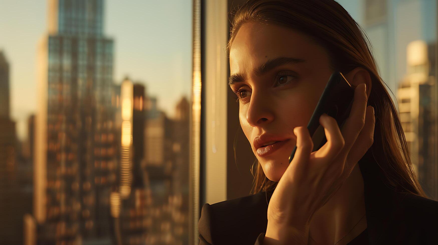 AI generated Confident Businesswoman Strategically Leverages Cityscape View from Modern Office Captured in CloseUp photo