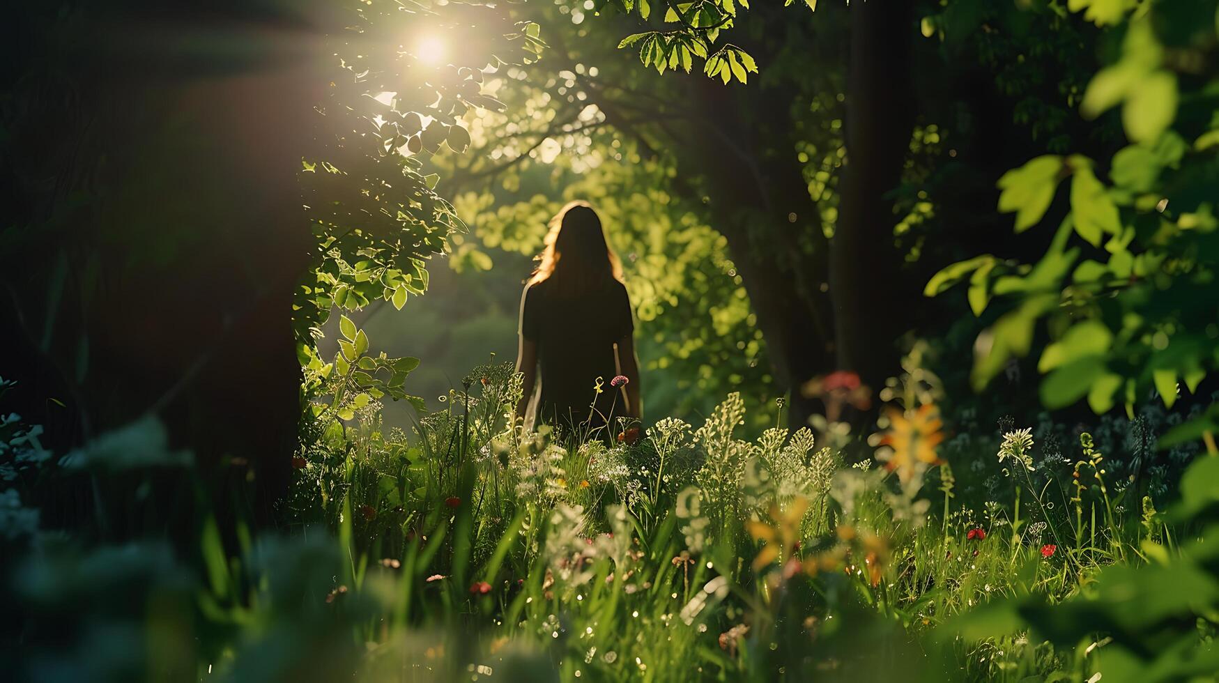 AI generated Young Woman Embraces Peaceful Moment in Lush Field Bathed in Soft Natural Light photo