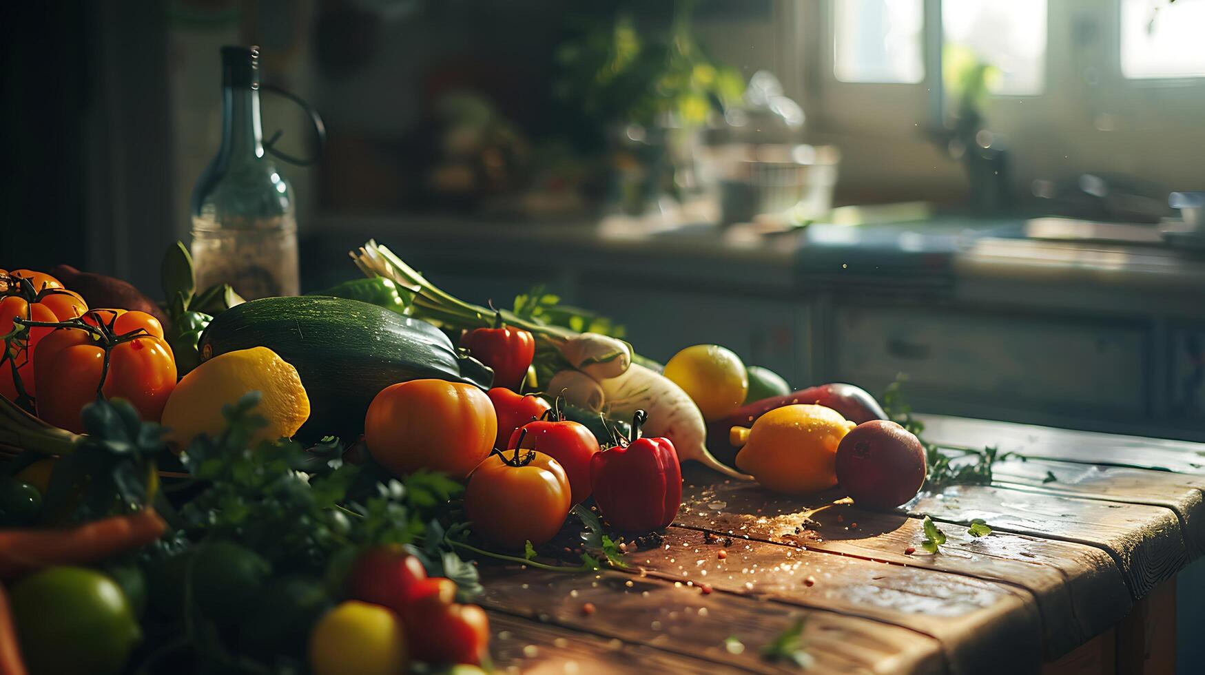 AI generated Vibrant Fruits and Vegetables Arranged on Rustic Table Bathed in Soft Natural Light photo