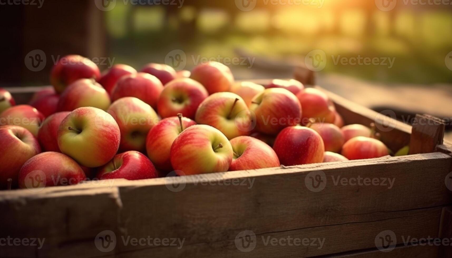 AI generated Fresh organic apples in a wooden crate outdoors generated by AI photo