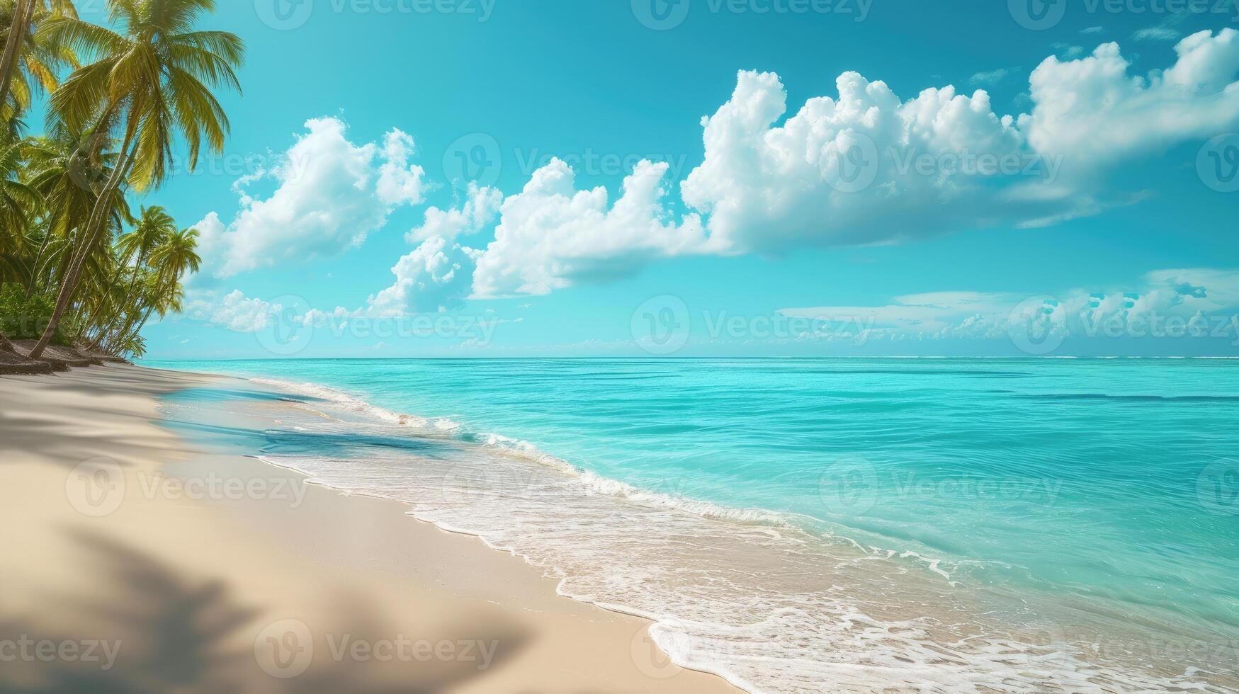 AI generated turquoise sea meets tranquil empty beach framed by palms. Ai Generated photo