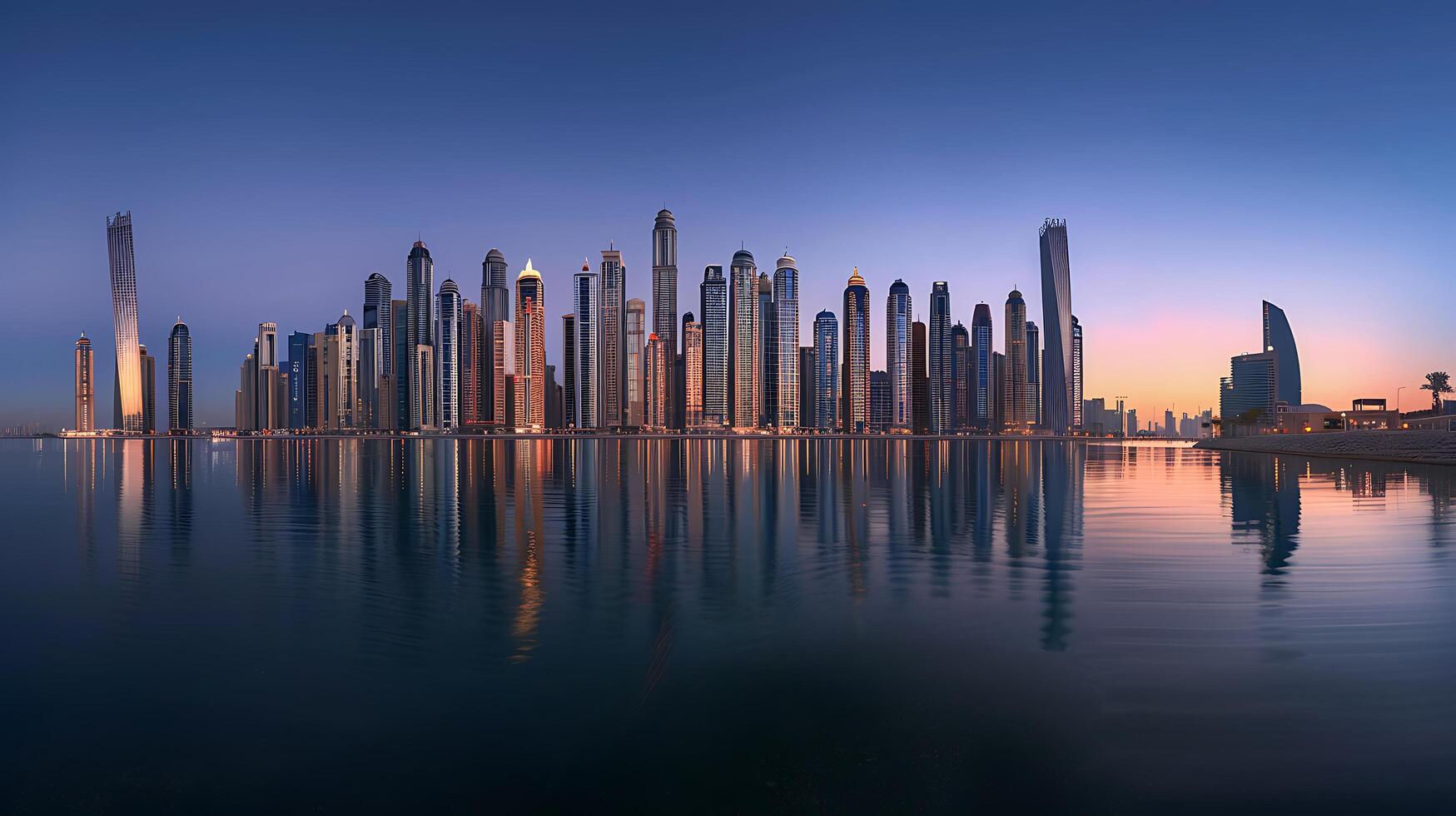 AI generated Modern City Skyline Glows in Golden Sunset Light Against Clear Blue Sky photo