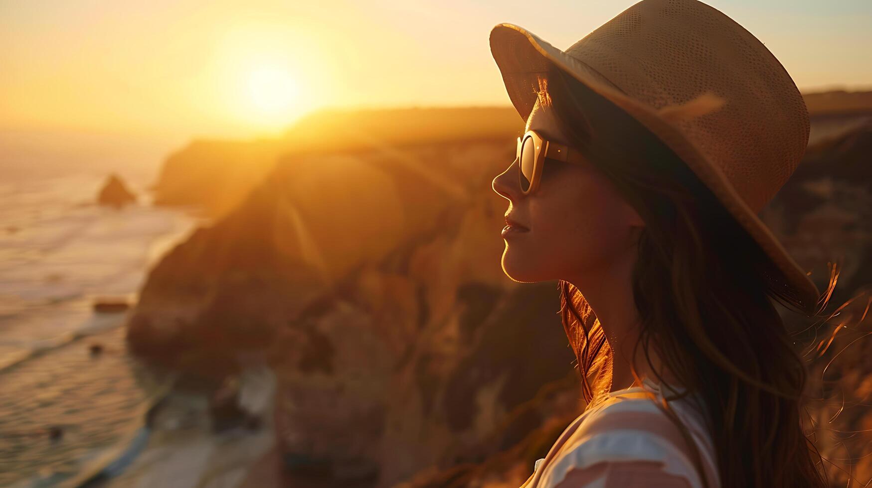 AI generated Woman Embraces Sunset Serenity on Coastal Cliff with Sunhat and Sunglasses photo