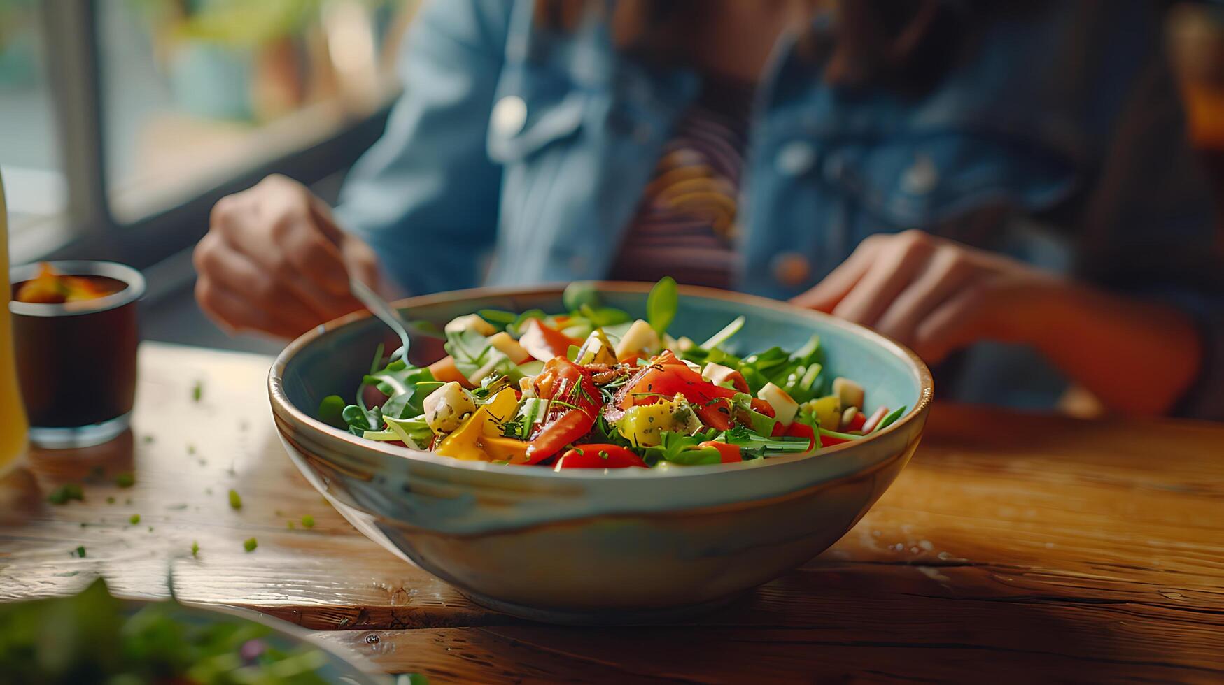 ai generado vibrante ensalada deleite mujer disfruta Fresco ingredientes en suave natural ligero por rústico de madera mesa foto
