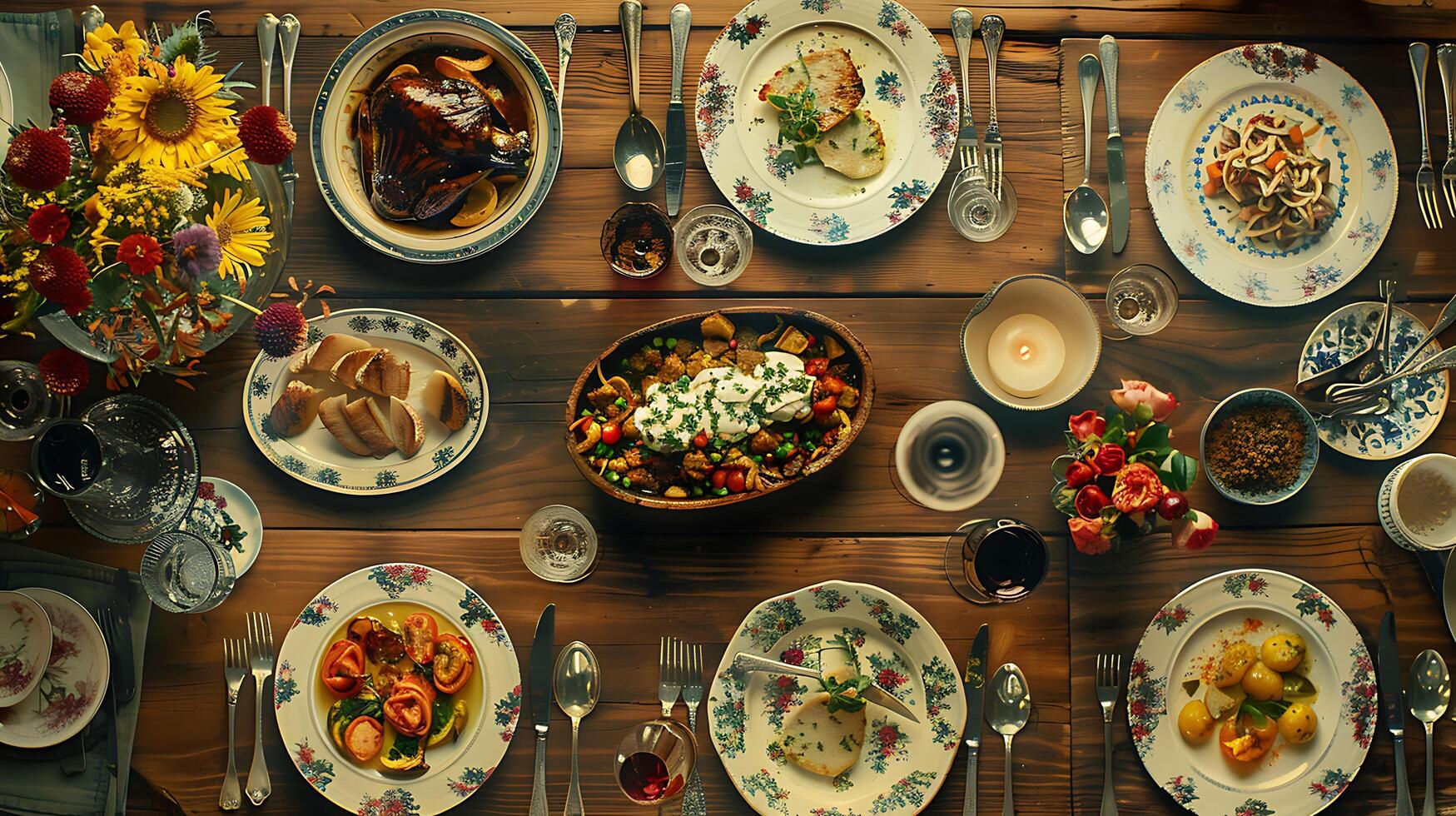 Bountiful FarmtoTable Dinner Fresh Fruits Vegetables Artisan Bread in Soft Natural Light photo